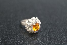 AN 18K CITRINE STYLE ASHER CUT STONE AND DIAMOND RING, approx weight 6g, ring size L