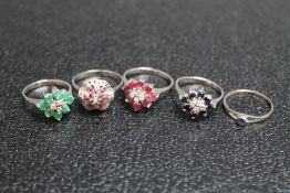A SELECTION OF FIVE SILVER AND WHITE METAL DRESS RINGS, all set with semi precious stones, approx
