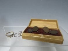 A VINTAGE GOLD ON SILVER CUFFLINKS IN A FITTED STAFFORD JEWELLERS BOX, along with a gold on silver
