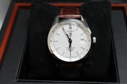 TAG HEUER - A BOXED CARRERA TWIN-TIME AUTOMATIC WRIST WATCH, on leather strap, complete with