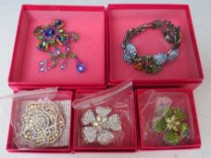 A BUTLER AND WILSON FRUIT THEMED CRYSTAL SET HINGED BANGLE, together with three smaller floral