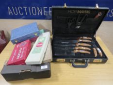 A BOX OF ASSORTED VINTAGE CUTLERY TOGETHER WITH A BRIEFCASE CONTAINING A SET OF KNIVES