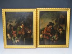 A PAIR OF 19TH CENTURY DUTCH SCHOOL OIL PAINTINGS, musicians before an inn, indistinctly labels