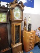 A LARGE OAK LONG CASED CLOCK WITH TWO WEIGHTS