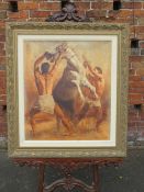 (XX). A study of two males in classical attire trying to bridle a horse, indistinctly signed lower r