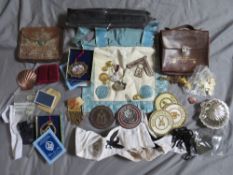 A COLLECTION OF VINTAGE MASONIC REGALIA, to include badges, pouches, apron etc.