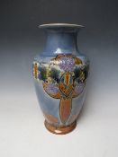 A LARGE DOULTON LAMBETH BALUSTER VASE, with floral tubelined detail, impressed marks to the base,