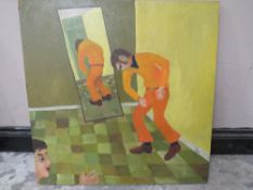 ROGER M. KEAN (XX-XXI). 'The New Orange Trousers', signed and dated 1969, oil on board, 61 x 61 cm