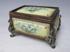 A SMALL 19TH CENTURY FRENCH ENAMELLED METAL CASKET, H 7 cm, W 7 cm, L 10 cm