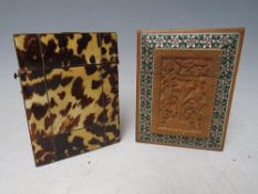 A 19TH CENTURY CARVED AND INLAID CARD CASE, together with a 19th century tortoiseshell card case,