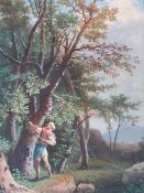 A 19TH CENTURY WOODED LANDSCAPE WITH FIGURE, mountain beyond, unsigned, oil on canvas, framed 60 x