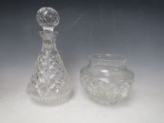 A SMALLER WATERFORD CRYSTAL DECANTER, H 26 cm, together with a Waterford crystal squat vase (2)