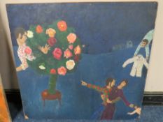 ROGER M. KEAN (XX-XXI). An abstract study of figures around a vase of flowers, oil on board, 92 x 99