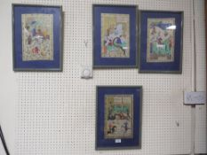 FOUR FRAMED AND GLAZED SUB CONTINENTAL PAINTINGS ON SILK PANELS TO INCLUDE HUNTING WITH HAWKS AND