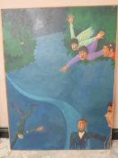 ROGER M. KEAN (XX-XXI). An abstract study of men on a dark blue sky, oil on board, 122 x 91.5 cm