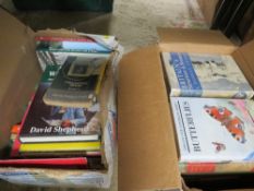 TWO BOXES OF MAINLY HARDBACK BOOKS, TRAINS, STAMPS NATURE ETC