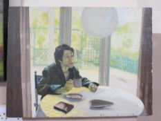 ROGER M. KEAN (XX-XXI). A man with coffee and a cigarette, oil on board, 46 x 61 cm