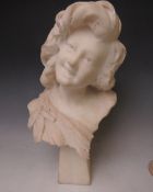 A 19TH CENTURY ALABASTER BUST OF A LADY, raised on a tapered four sided base, overall H 49 cm