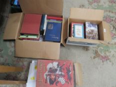 THREE BOXES OF MAINLY HARDBACK BOOKS SUBJECTS TO INCLUDE TRAINS AND TWO VINTAGE BOYS OWNS ANNUALS