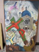 ROGER M. KEAN (XX-XXI). An abstract study depicting figures beside a church, signed, oil on board,