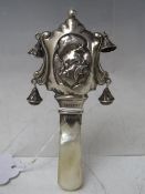 A 19TH CENTURY HALLMARKED SILVER CHILDS RATTLE, 'The Cow Jumped Over The Moon'