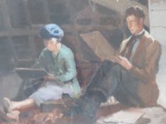 MODERN BRITISH SCHOOL. Male and female artists at work in an attic studio, unsigned, oil on canvas