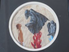 A 20TH CENTURY PHANTASY ILLUSTRATION, with bird like creatures on perches looking down at young boy,