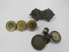 TWO ANTIQUE COIN BROOCHES, together with a selection of coin charms