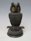 AN IRISH BOG OAK NOVELTY OWL INKWELL, H 15 cm