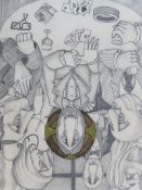 S.B JOHNSON. Modernist study of figures round a card table 'The Sacking of The Temple', signed and