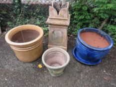 FOUR ITEMS TO INCLUDE LARGE CERAMIC PLANTERS AND A CASTLE TYPE CHIMNEY POT