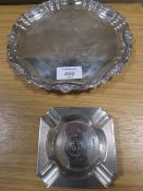 A HALLMARKED SILVER CARD TRAY WITH PRESENTATION INSCRIPTION approx weight 310g TOGETHER WITH A