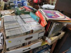 A TRAY OF LP RECORDS TO INCLUDE DAVID BOWIE, BOB DYLAN, ABBA TOGETHER WITH TWO TRAYS OF CD'S