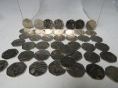 FORTY NINE COMMEMORATIVE 50 PENCE COINS, to include 2022 Altantic Salmon, Beatrix Potter, London