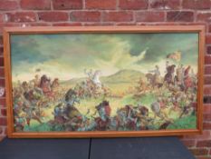 OLIVIERO FREY (1948-2022). A battle, signed lower right and dated '68, oil on board, framed, 77 x