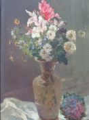 JULES RAGOT (XIX-XX). French school, still life study of a vase of flowers on a ledge, signed