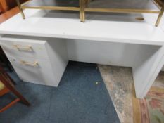 A MODERN WHITE OFFICE DESK WITH TWO DRAWER FILING CABINET W- 150CM