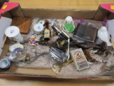 A TRAY OF COLLECTABLES TO INCLUDE TABLE LIGHTER, PENS, EARLY NURSING MEDAL, SPODE MINI CUP AND