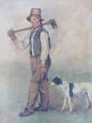 A 19TH CENTURY STUDY OF A WOODCUTTER AND HIS DOG, unsigned, oil on board, framed, 50 x 30 cm