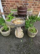 A SELECTION OF CONCRETE GARDEN PLANTERS, TO INCLUDE A CASTELLATED CHIMNEY POT AND A BIRD BATH