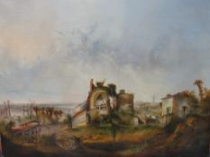 C. RIVIERE. Continental school, extensive coastal landscape with buildings, figures and cart, signed