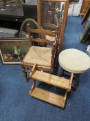 AN OAK CORNER CHAIR, A STOOL, A MIRROR ETC (5)