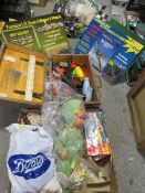 THREE TRAYS OF ASSORTED TOYS TOGETHER WITH A BOX AND CONTENTS