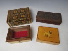 A COLLECTION OF FOUR VARIOUS BOXES, to include one with painted terrier to lid