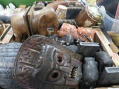 TWO TRAYS OF MOSTLY CARVED AFRICAN TRIBAL ART FIGURES, TRIBAL WALL MASKS , ELEPHANT BOOK ENDS ETC