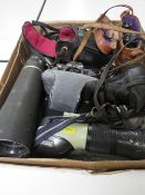 A TRAY CONTAINING A PAIR OF LEATHER CASED 8 X 24 BINOCULARS, TWO PENTAX CAMERAS, SIEMA ZOOM LENS,