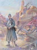 F HUMBERT. A WW2 French soldier amongst ruins, signed lower left, oil on board, 16 x 22 cm