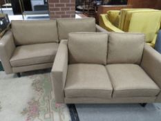 A THREE SEATER CAMEL SOFA TOGETHER WITH A TWO SEATER CAMEL SOFA
