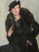 ART DECO SCHOOL PORTRAIT STUDY OF AN ELEGANT SEATED LADY WEARING A HAT, signed lower right, oil on