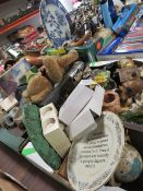 THREE TRAYS OF SUNDRIES TO INCLUDE A LARGE ORIENTAL STYLE BLUE/WHITE CHARGER